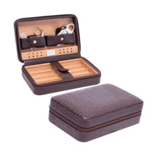 VOLENX 8” BROWN VEGAN LEATHER CIGAR CEDAR BOX (HOLDS 4 CIGARS) WITH CUTTER AND PUNCHER (XC554)