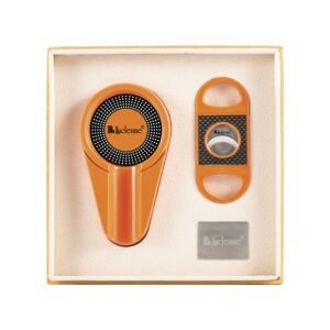 LUCIENNE ORANGE METALLIC CIGAR CUTTER & ASHTRAY SET BOX (ACS4)
