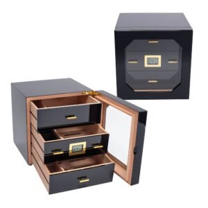 FUJIMA 3 DRAWER CEDAR BLACK HUMIDOR – HOLDS 72 CIGARS (BE104)